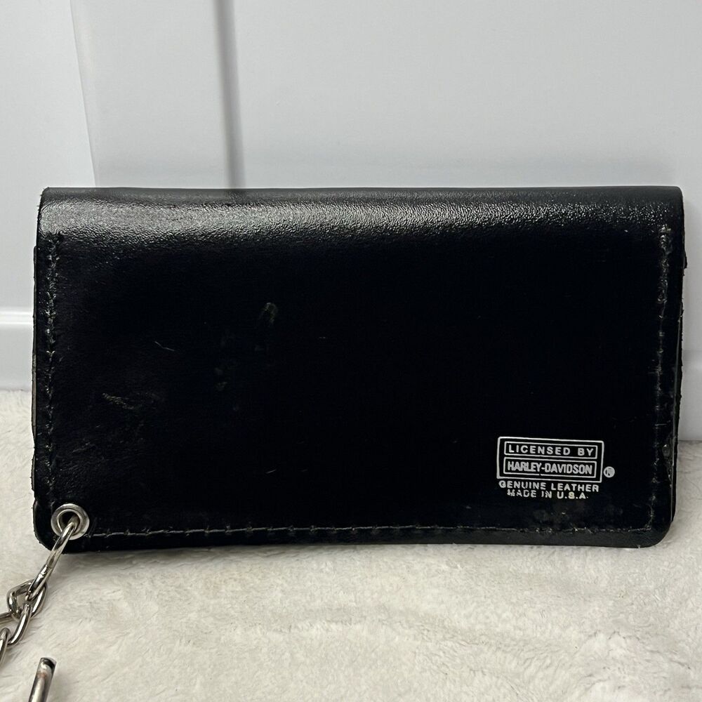 80's Vintage Harley Davidson Black USA Leather Wallet With Chain Eagle Logo Red - Picture 6 of 13